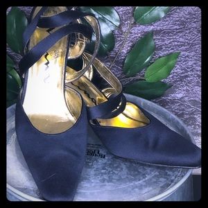 🌷Vintage Navy Satin Chunk-heel with straps